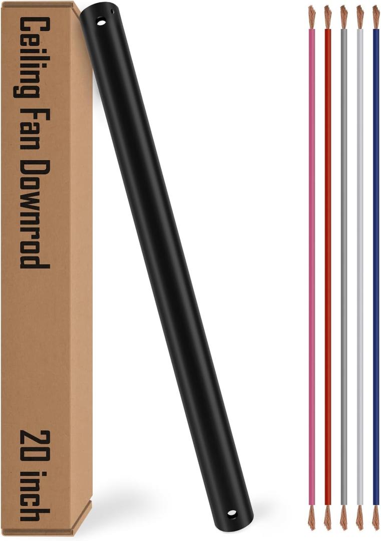 20 inch Ceiling Fan Downrod, Black Downrod for Ceiling Fans with lights, Extension Downrod with Wires, 1 inch Outside Diameter, Ceiling Fans and Accessories Replacement Parts, No Threaded, Black