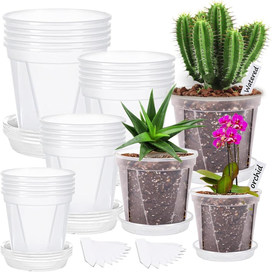 40Pack 4/5/6/7 inch Plastic Clear Nursery Pots with Saucer, 4 Sizes Garden Pots Plant Pots with Drainage Holes for Flower,Herb,Succulent,Plants, 100 pcs Plant Labels,5 Set for Indoor Outdoor