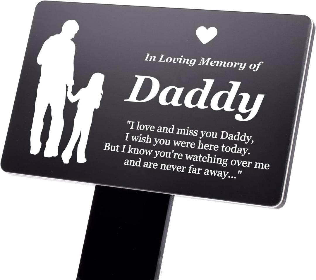 In Loving Memory of Daddy - Engraved Memorial Stake with poem and Daddy & Daughter illustration (Gold/Silver/Copper or Black & White Plaque) (Black & White)