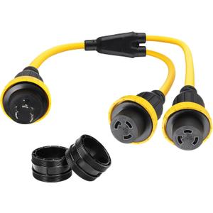 Kanayu 3FT RV Marine Boat Shore Power Adapter L5-30P Male 30A Plug to (2) 30A L5-30R Female, 30 Amp Y Splitter with Locking Ring and Collar (Black, Yellow) Kanayu 3FT RV Marine Boat Shore Power Adapter L5-30P Male 30A Plug to (2) 30A L5-30R Female, 30 Amp Y Splitter with Locking Ring and Collar (Black, Yellow)