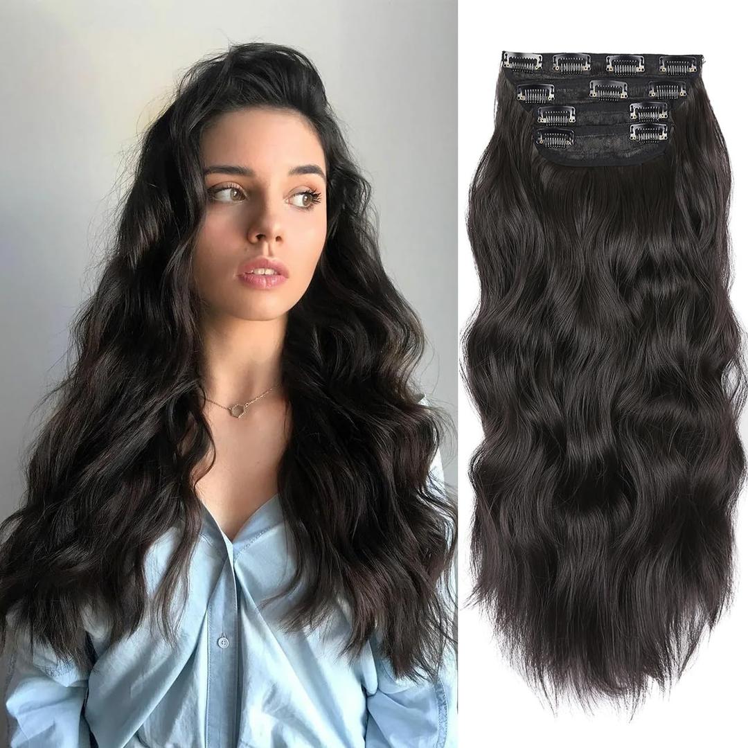 20 Inches Hair Extensions Clip ins, 4Pcs Clip in Hair Extensions, Synthetic Curly Hair Extension Clip in Human Hair (Color: Black with a Hint of Brown Gloss)