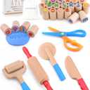 Wooden Dough Tools Kit for Kids, Dough Accessories with Rolling Pins, Pizza Cutter, Safety Scissors & 26 Letter Stamps, Educational Alphabet Learning Toys Gift for Toddlers Ages 36