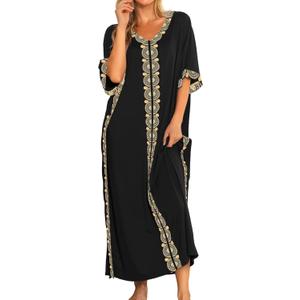 Bloggerlove Women Nightgowns Cotton Caftan House Dress Short Sleeve Sleepwear (Small, Black)