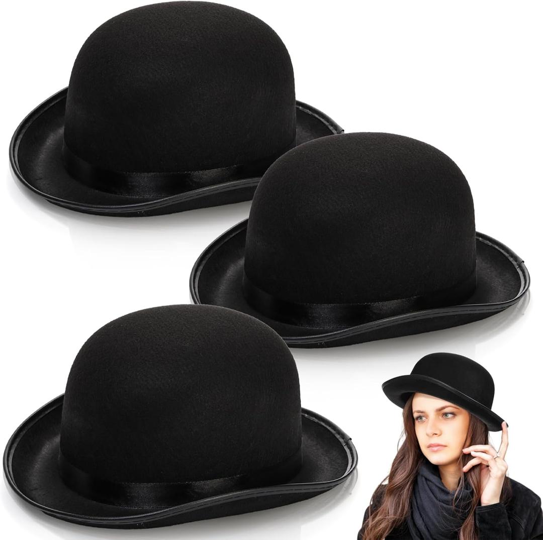 Eorbow 3 Pack Bowler Hat, 23" C Black Derby Hat, Felt Bolivian Costume Hat Accessories, Victorian Dress Up Hat for Men and Women, Adults