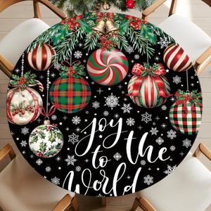 Casuru Christmas Fitted Tablecloth Ball Round Tablecloth with Elastic Waterproof Black Christmas Table Decorations for Patio Holiday Party Fits to 40"-44" Diameter Round Table
