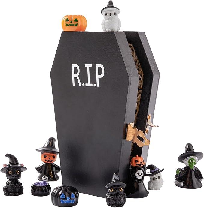 11 Pcs Halloween Decorations Miniature Figurines, Small Spooky Mini Halloween Figures Set Table Centerpiece, Wood Coffin Decor and Mini Resin Pumpkins, Black Cat, Witch Pot, Skeleton and Owl for KidsDN DECONATION 5Pcs Halloween Miniature Figurines, Halloween Wood Coffins Decor and Mini Resin Pumpkin Ghost & Black Cat Set Decorations, Small Gothic Spooky Home Table Decor for Tabletop, Gifts Kids