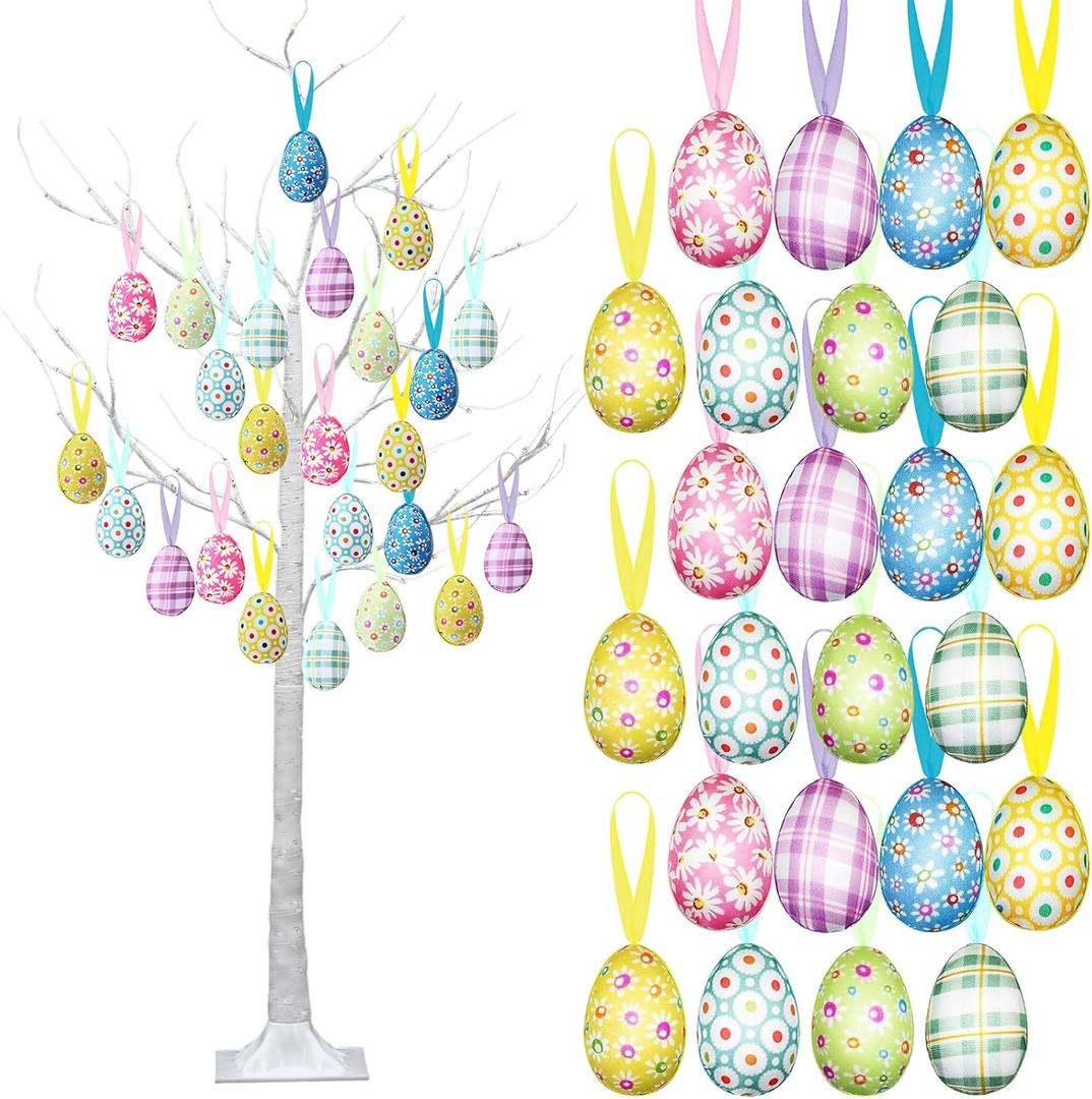 Aurelema 4 ft Easter White Birch Tree with 48 LED Lights, USB Powered Timer, 24 Hanging Easter Egg Ornaments, Tabletop Artificial Tree for Indoor Outdoor Spring Home Decor(Fashionable)