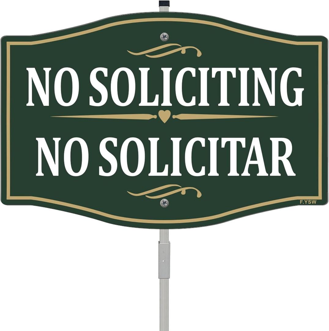 No Soliciting No Solicitar Sign Bilingual Sign 12" x 8" With 35" Long Metal Stakes No Soliciting English Spanish Sign No Solicitor Sign Stand Aluminum Yard Business Home House No Solicitation Sign