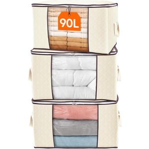 Lifewit 90L Large Storage Bags, Closet Organizers and Storage, Clothes Storage Bins with Lids, Foldable Storage Containers with Reinforced Handles for Clothing Blanket Bedding Comforter 3 Pack Beige