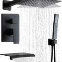 Matte Black Shower Faucet Set with Tub Spout 10 Inch, Shower Head and Handle with 2 Hooks, Tub and Shower Faucet Combo, Rain Shower and Handheld Shower System Square Wall Mount for Bathroom