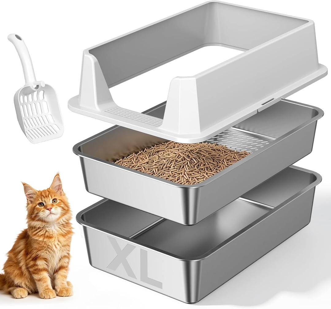 Stainless Steel Sifting Cat Litter Box for Pine Pellets, Light Gray