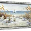 Beach Framed Wooden Wall Art: Coastal Oil Painting Style 40"x20" Ocean Pictures Seascape Art Prints Sand Dunes & Sailboat Artwork for Office