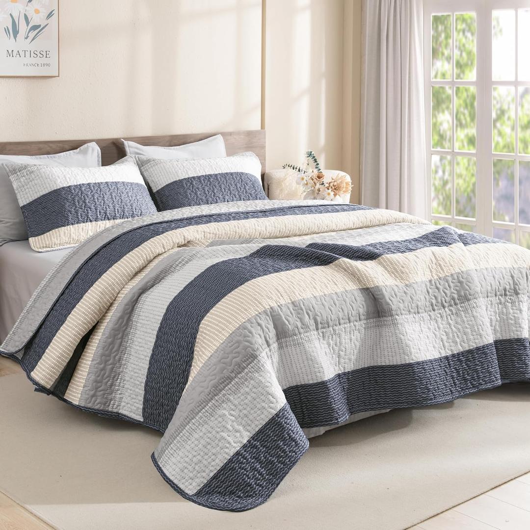 Litanika Quilt King Size Blue and Yellow, Stripe Patchwork Summer Bedspread Coverlet 3 Pieces, Soft Lightweight Microfiber Quilted Bedding Set for All Season(1 Quilt, 2 Pillowcases)