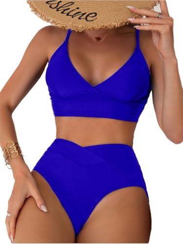 High Waisted Womens Swimsuits Tummy Control Sexy High Cut Bikini Set 2 Piece Modest Longline Supportive Swim Top Bathing Suit V Cut Bottom Cross Front Teens Hot Pink Royal Blue Size M