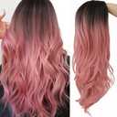 Ombre Pink Curly Long Wavy Wigs for Women Synthetic Hair Wigs Dark Roots Hair Women Wig Cosplay Halloween Party Daily Costume(Pink)