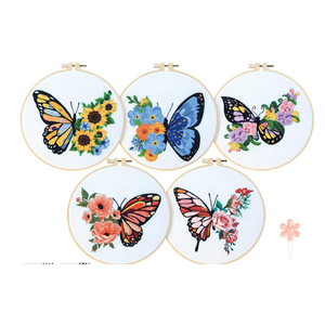 Yinder 5 Sets Embroidery Cross Stitch Kits for Beginners with Butterfly Flower Patterns and Instructions Bead for Starter DIY Adult Kids Butterfly Pattern Embroidery Set with Cloth Needles Threads