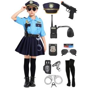 QUJQOM Police Costume for Girls Kid Halloween Costumes Police Officer Cosplay Outfit Toddler Cop Costume Set with Accessories 7-8Y