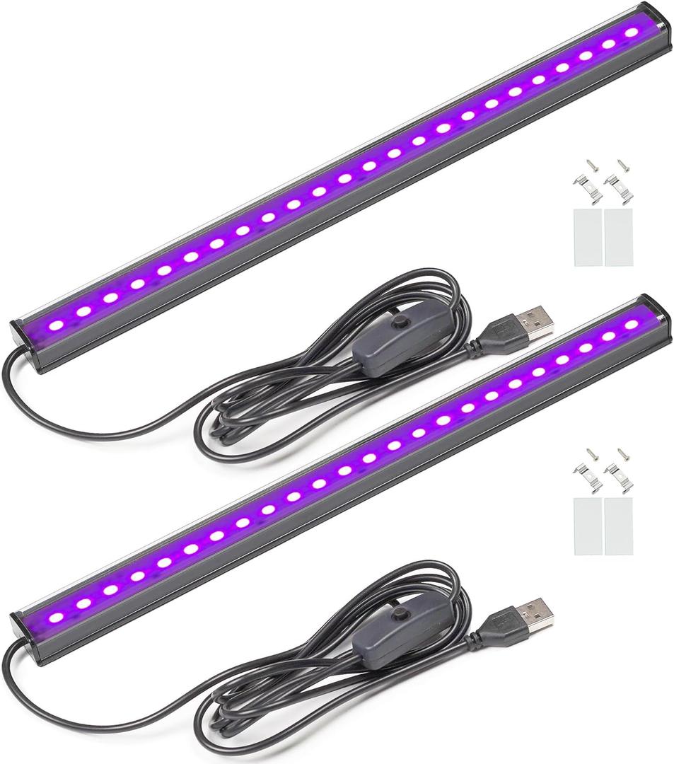 GREENIC USB Black Light Bar, 10W 1ft Upgraded UV LED Blacklight Strip Lights, Small Black Lights for Glow Party, Posters, Tapestry, Room, Bedroom Decor, Body Paint, Halloween Decorations, 2 Pack