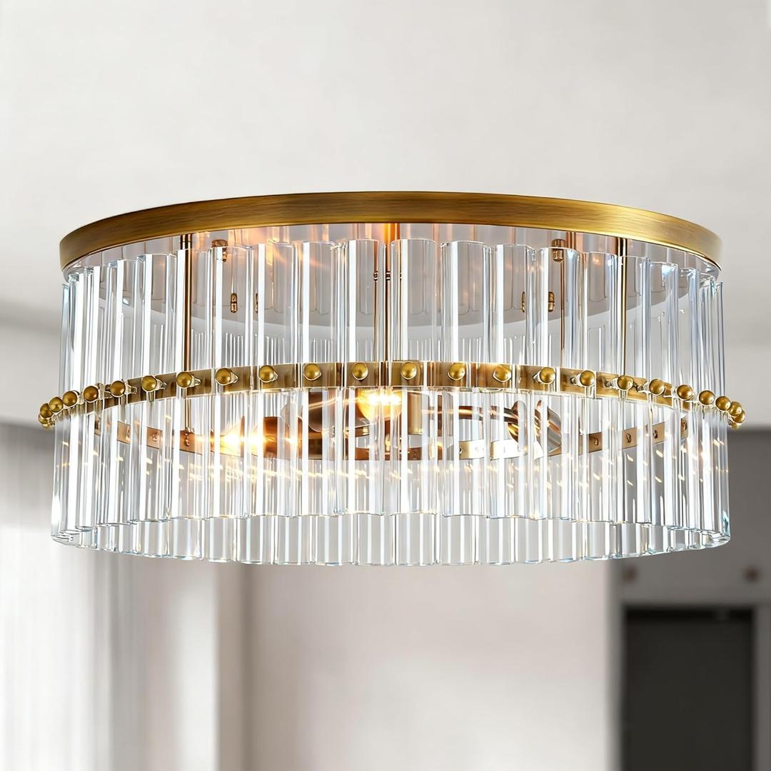 Modern Brass Flush Mount Ceiling Light Crystal Kitchen Ceiling Lighting for Living Room Bedroom Dining Room Bathroom Entryway, 18" wx 18" d x 8" h