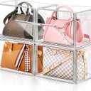 4 Packs Clear Plastic Handbag Storage Organizer for Closet, Large Acrylic Display Box forPurse and Handbag, Stackable Storage Boxes Bag Organizer with Magnetic Door for Purse Clutch Wallet Book