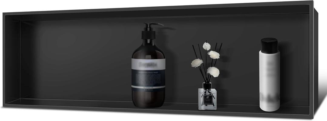 Shower Niche Insert Tile Ready, Bathroom Livingroom Wall Niche, Long Shower Niche 37" X 13", Black, No Tile Needed Over Mount Installation