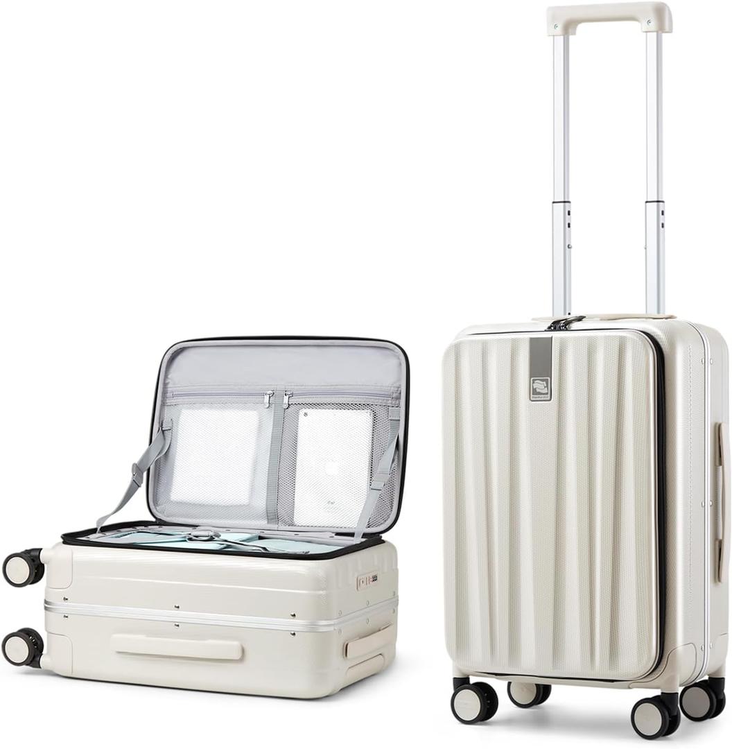 Hanke 20 Inch Carry On Luggage with Wheels PC Hard Shell Suitcase Top Opening Aluminum Frame Travel Luggage Suitcases for Woman Men Gifts.(Ivory White)