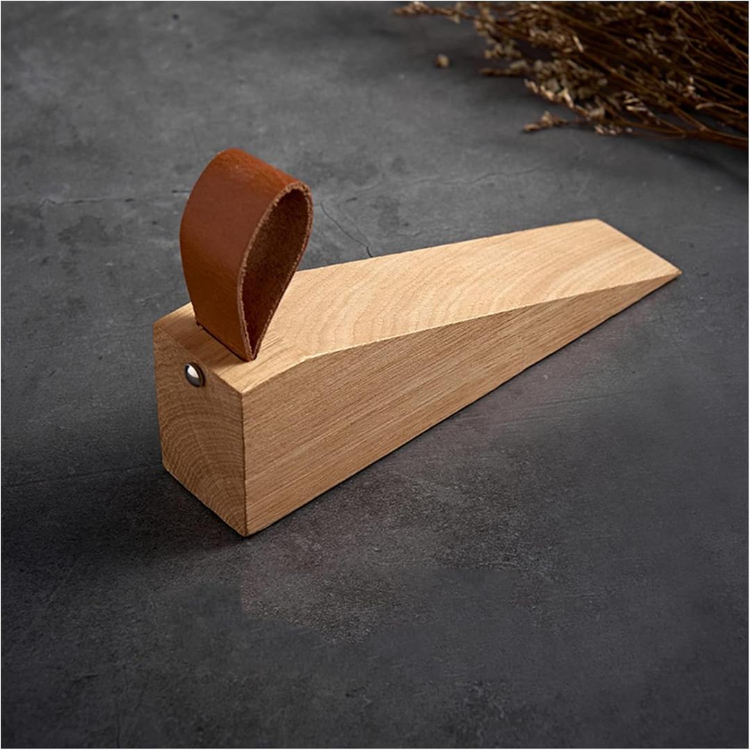 Large Wooden Door Stopper Non-Slip Security Wood Door Wedge with Leather Strap for Hanging Door Stopper 1Pack, in House Bedroom Office Living Room Hotel Cabin (Large)