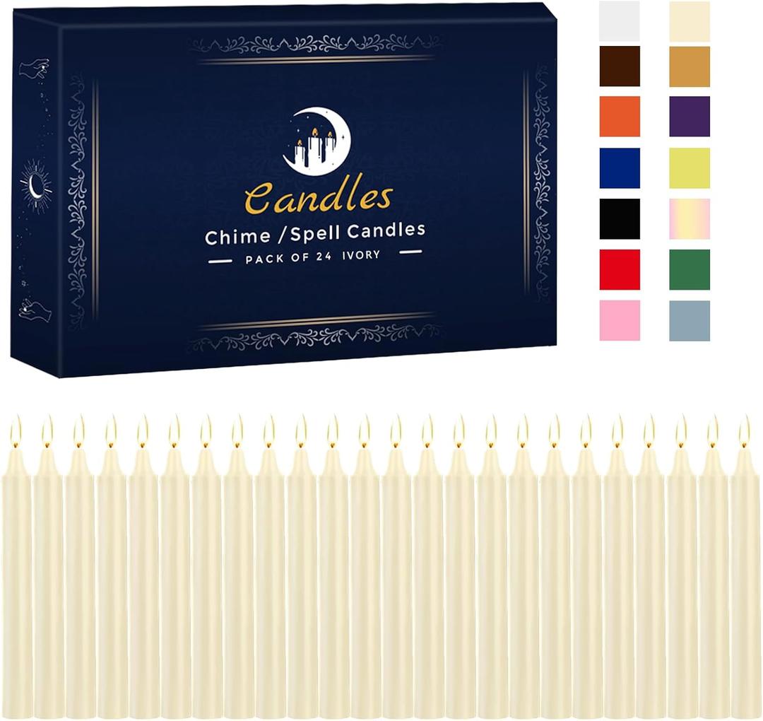 Kunrsug 24 Pack Ivory Color Spell Chime Candles Premium Mini Unscented Taper Candles for Prayer, Birthdays, Chime Candles - 4 Inch Tall - Ideal for Witches