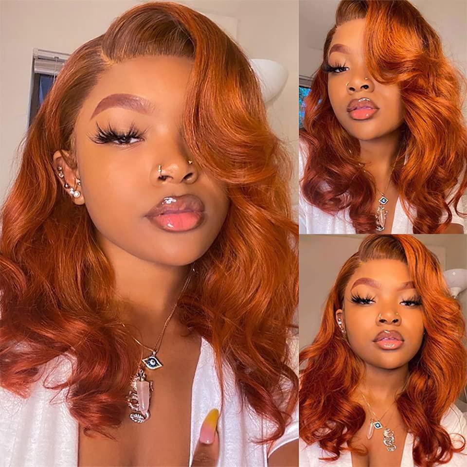 13X4 Dark Ginger Lace Front Wigs Human Hair Body Wave Orange Ginger Brown Brazilian HD Lace Front Human Hair Wigs Glueless 150% Density Pre Plucked Natural Hairline (18 inch, Copper Brown Color)