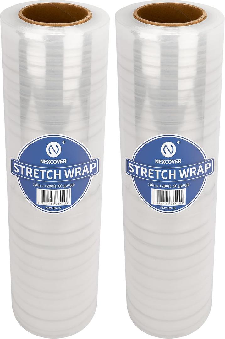 NEXCOVER 18 Inch Stretch Wrap - 1200 Feet | 60 Gauge, 2 Roll Clear Plastic Self-adhering Stretch Wrap Film for Pallet Wrap, Thick and Durable Packing Moving Supplies Heavy Duty Shrink Film.
