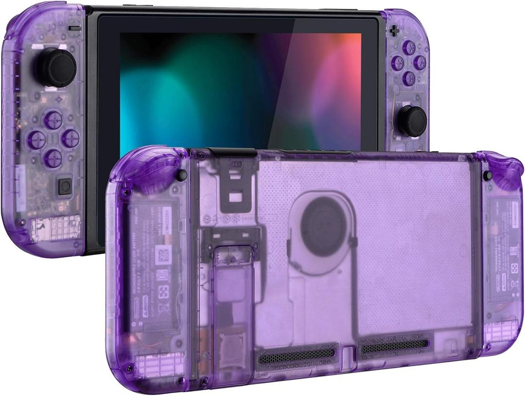 eXtremeRate DIY Replacement Shell Buttons for Nintendo Switch, Back Plate for Switch Console, Housing with Full Set Buttons for Joycon Handheld Controller - Clear Atomic Purple [No Electronics Parts]