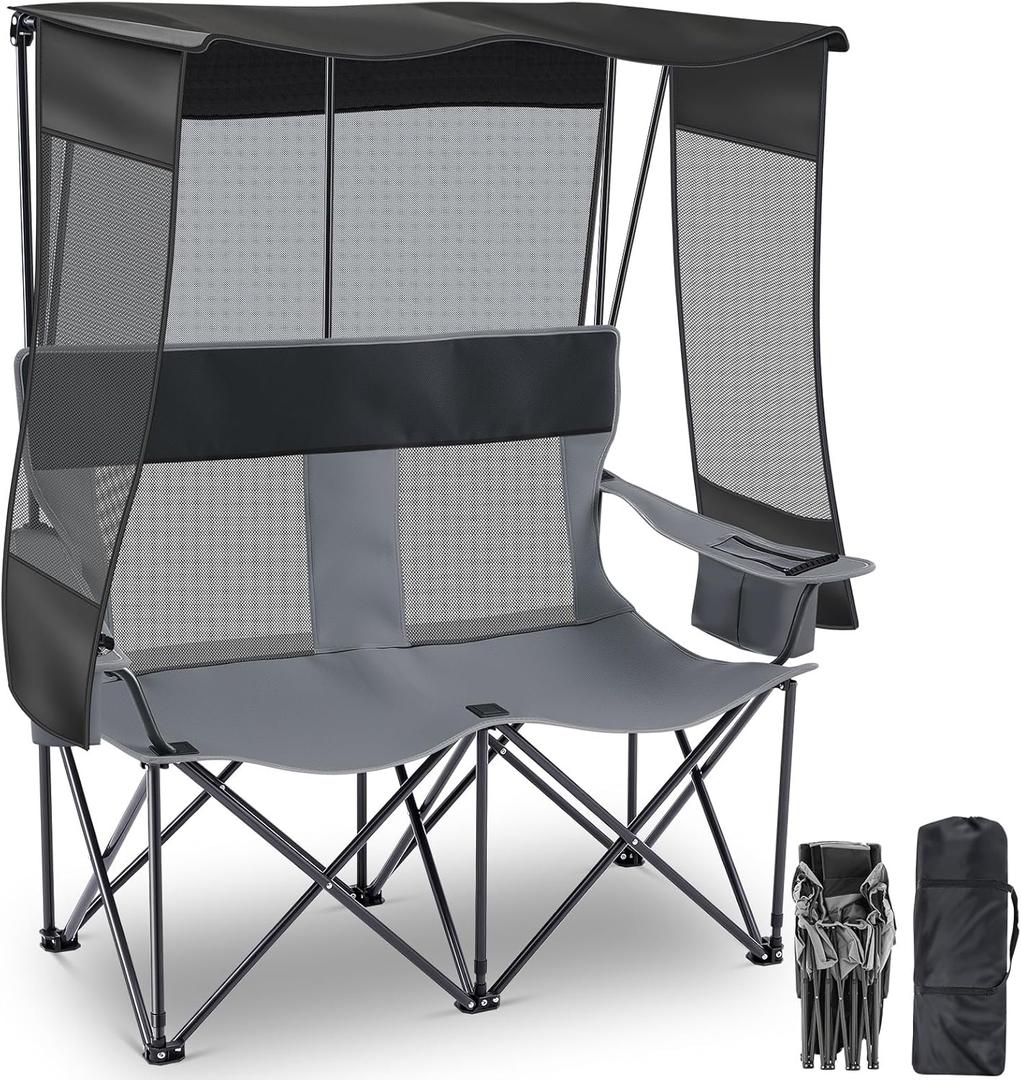 Double Camping Lawn Chair with Canopy Shade, 2 Person Seater Outdoor Sport Folding Loveseat with Cooler Cup Holder Bag Black Gray Mesh Backrest Heavy Duty Steel Frame Couch for Beach Fishing Double Camping Lawn Chair with Canopy Shade, 2 Person Seater Outdoor Sport Folding Loveseat with Cooler Cup Holder Bag Black Gray Mesh Backrest Heavy Duty Steel Frame Couch for Beach Fishing