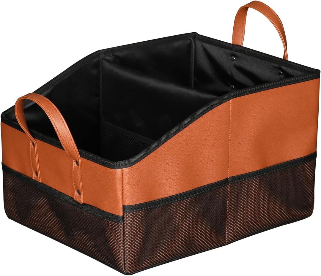 COLLAPSIBLE CAR SEAT ORGANIZER WITH 9 COMPARTMENTS, FOLDS FLAT, BROWN | DIVIDABLE STORAGE PARTITIONS WITH DIVIDERS & MESH POCKETS. FITS FRONT/BACK SEATS 