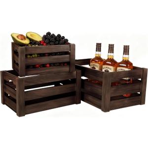 Wooden Crates for Storage and Display - Set of 3 Heavy Duty Nesting Wood Crates, Rustic Farmhouse Decorative Storage Boxes for Shelves, Pantry & Home Organization (L/M/S)