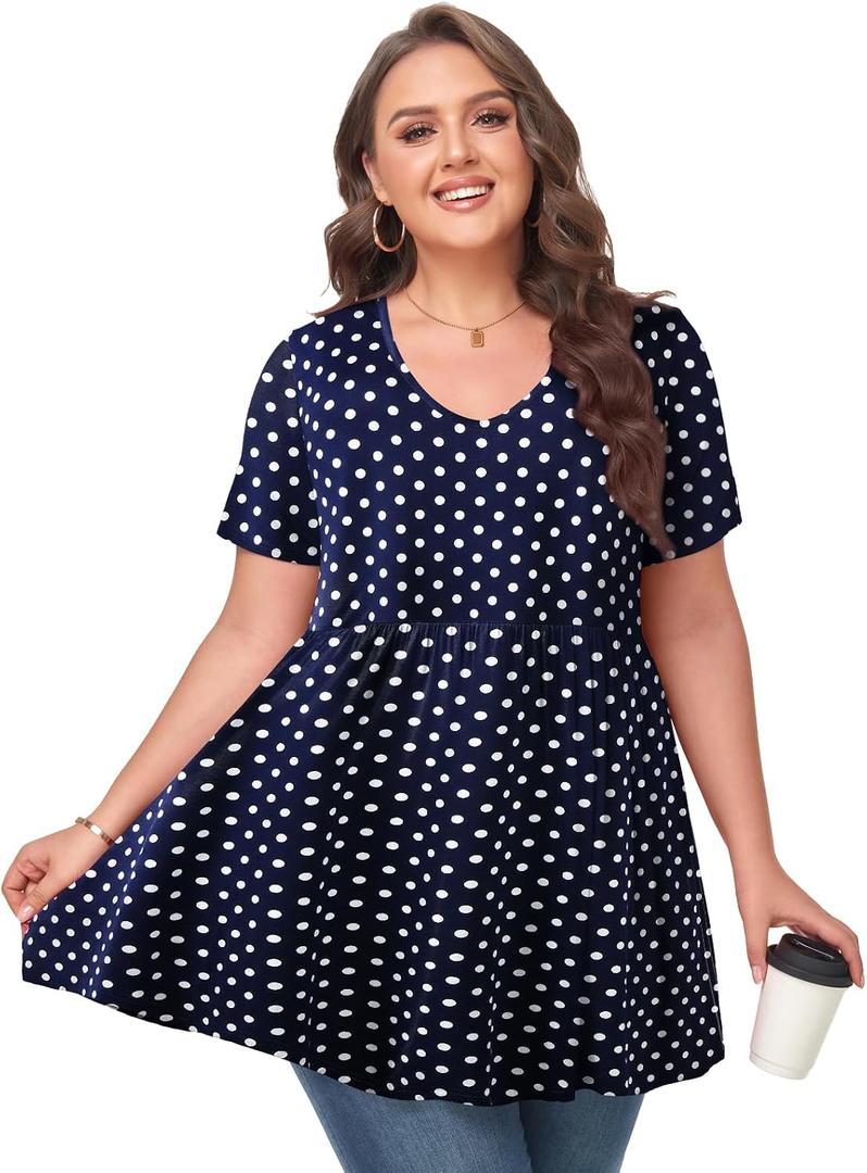MONNURO Womens Plus Size Tops Cute Babydoll T Shirts Peplum Tunic Tops Loose Fit V-Neck Short Sleeve Blouse (Blue, 2XL)