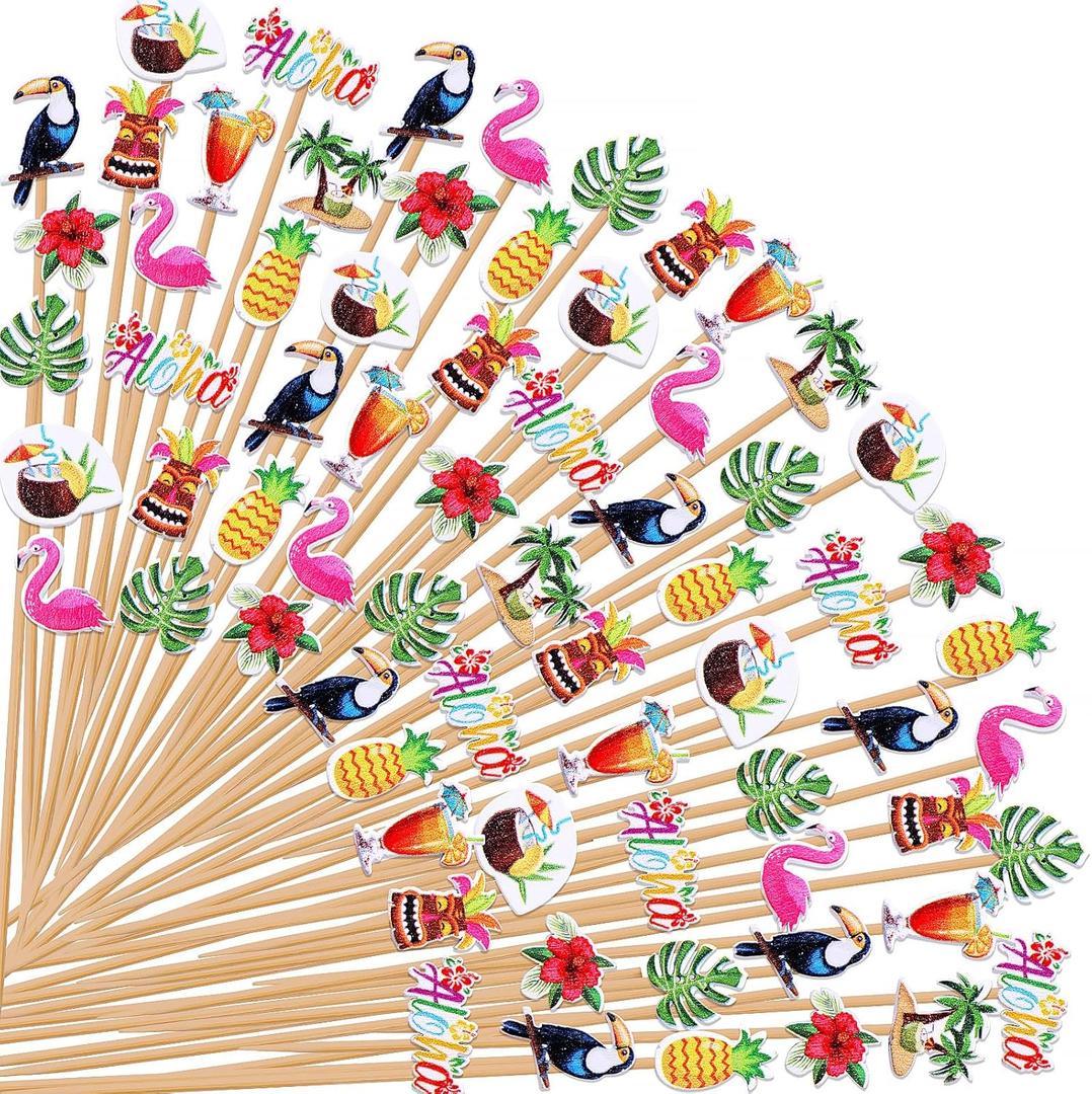 120Pcs Summer Cocktail Picks Decorative Toothpicks Hawaiian Bamboo Cocktail Skewer Flamingo Pineapple Palm Leaf Fancy Cocktail Toothpicks for Appetizers Food Drinks Luau Hawaii Holiday Party Supplies