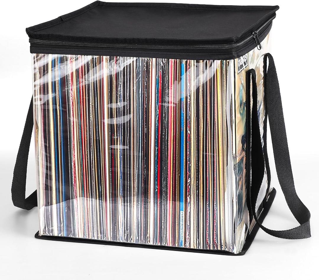 Facmogu Vinyl Record Storage Bag, 12 Inches LP Albums Storage Case with Handle, Clear Organizer Bag Holds up to 50 LP Records Albums, Protective Vinyl Record Carrying Holder for Travel Collection