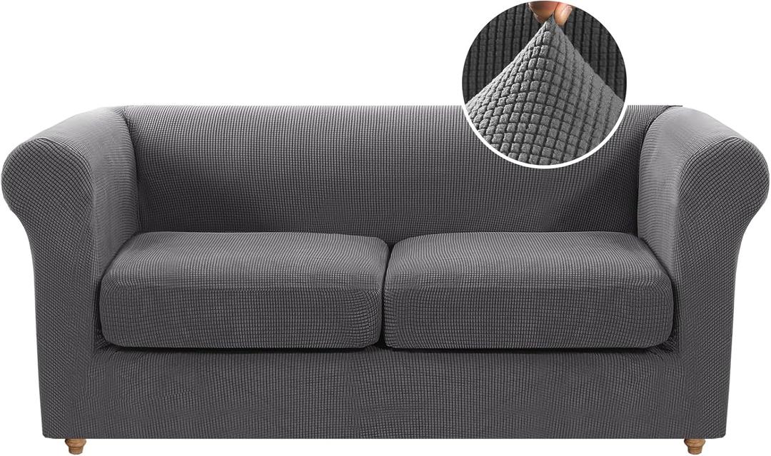 H.VERSAILTEX 3 Pieces Stretch Loveseat Slipcovers Traditional Chesterfield Loveseat Covers for 2 Cushion Couch Mid Century Deep Seat Couch Cover Washable, Thicker Jacquard Fabric(Medium Sofa, Grey)