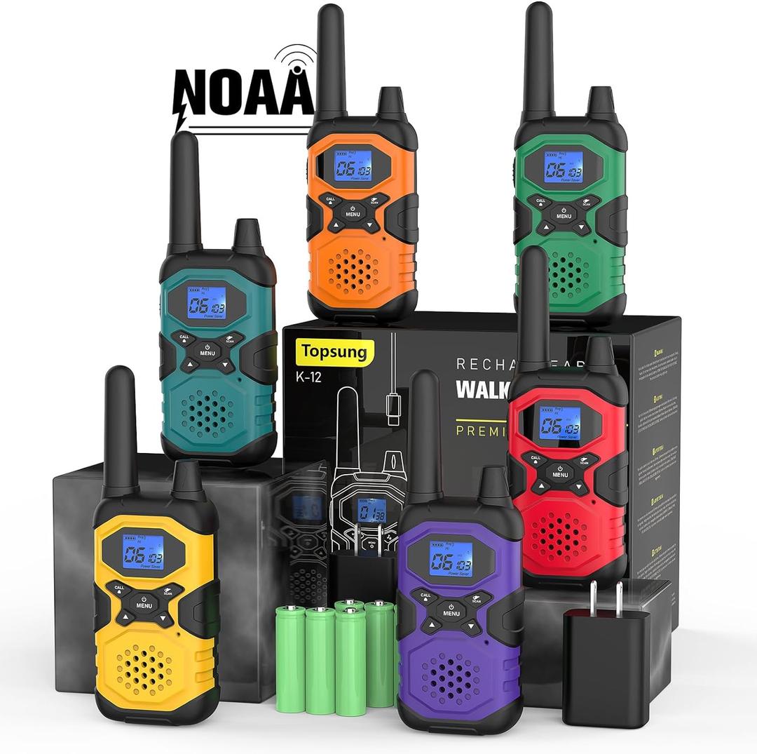 Walkie Talkies for Adults Long Range Rechargeable 6 Pack, Multi-purpose FRS 2 Way Radios with NOAA USB Chargers 4500mAh Battery for Family Seniors Care Garage Work Camping Hiking Skiing Cruise (Blue Green Orange Red Purple Gold)