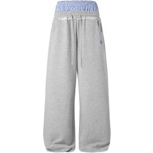Aelfric Eden Baggy Wide Leg Sweatpants for Women Men Double Waist Camo Elastic Waisted Lounge Pants with Pockets (X-Large, Grey & Blue Plaid)