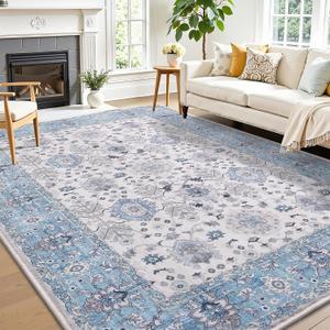 5x7 Area Rugs for Living Room, Bedroom - Machine Washable, Non-Slip Bedside Rug, Large Soft Floor Carpet for Office, Dining Room, Farmhouse and Home Decor, Cozy Elegance/Blue