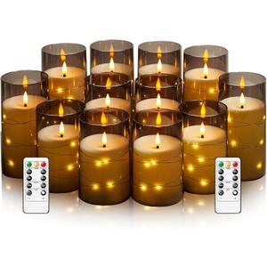 Kakoya Flameless LED Candles with Timer 12 Pc Flickering Flameless Candles for Romantic Ambiance and Home Decoration Stable Acrylic Shell, with Embedded Star String Battery Operated Candles(Grey)