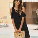 Bluetime Women Cold Shoulder Summer Dress Short Sleeve Beach Casual Loose Swing Dress (Black, XXL)