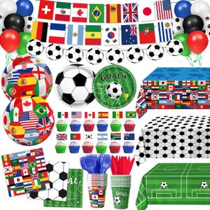 Soccer Birthday Party Decorations Includes Plates, Napkins, Cups, Banner, Hanging Swirls, Tablecloths, Balloons, Cupcake Toppers for 2026 Soccer Party Decorations, Serves 24