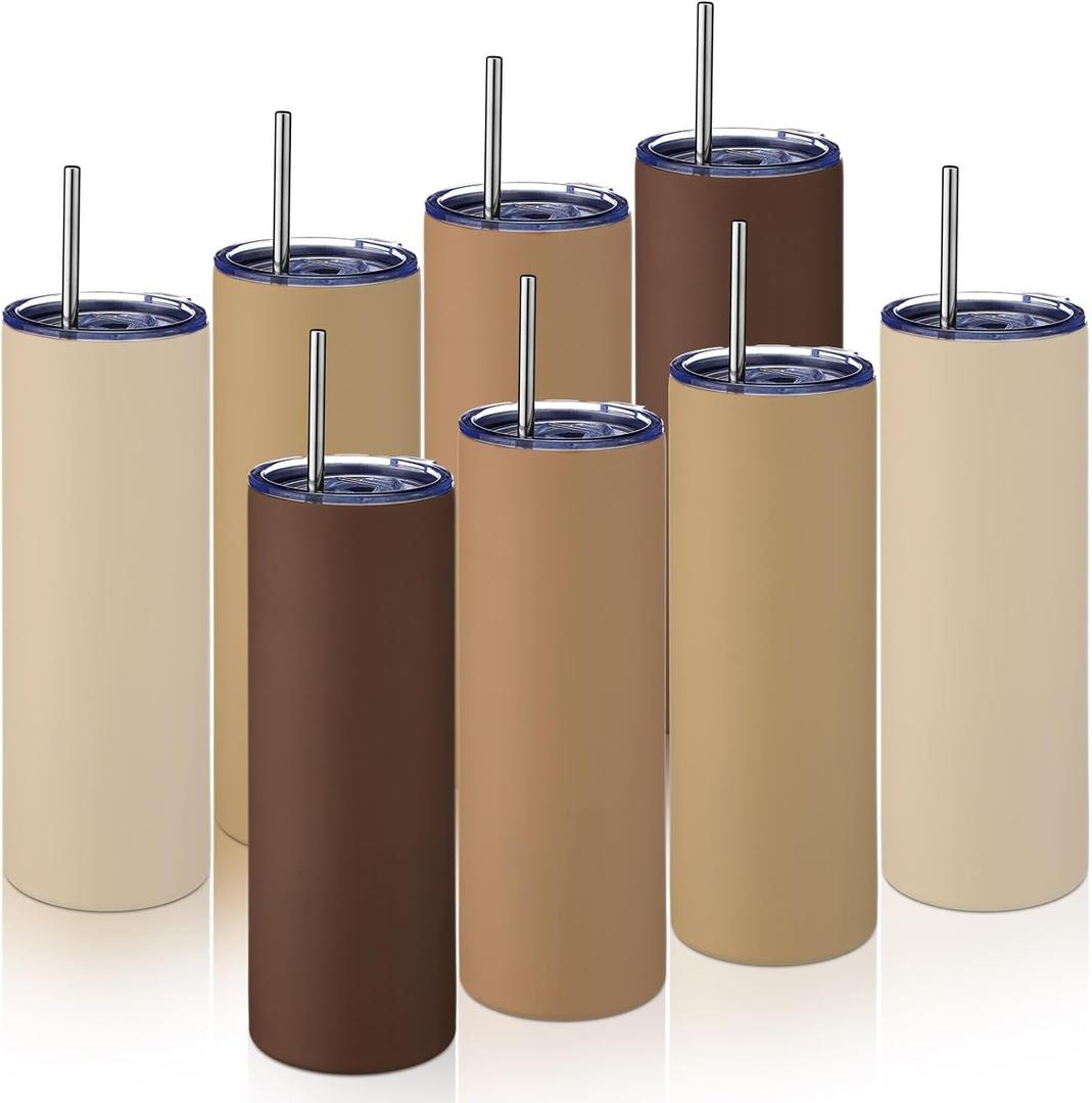 Patelai 8 Pcs Brown Tumbler 20oz Travel Coffee Mugs with Lid and Straw Insulated Stainless Steel Tumblers Double Wall Vacuum Gradient Brown Skinny Water Bottle for Coffee Beverage Hot & Iced Drinks