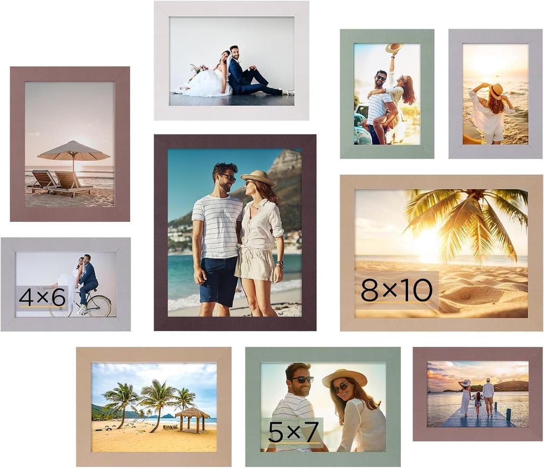 Funtopia Picture Frames, 10 Pack Picture Frames Collage Wall Decor, Gallery Wall Frame Set for Wall or Tabletop Display, Multi-size with 8x10, 5x7, 4x6 Family Photo Frames (Coffee, Brown, Gray, Light Gray, Green, Light Yellow)