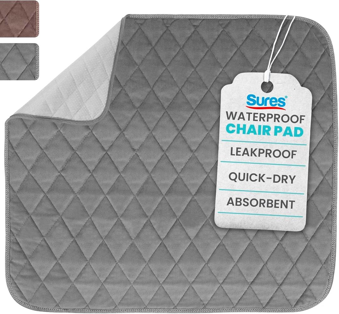 Sures Waterproof Chair Pads for Incontinence (22" x 21") - Washable, Waterproof Seat Protector - Chair Protector Seat Cover - Absorbent Pad for Bed, Seat, Car, Wheelchair & Recliner (Gray, 1 Pack)