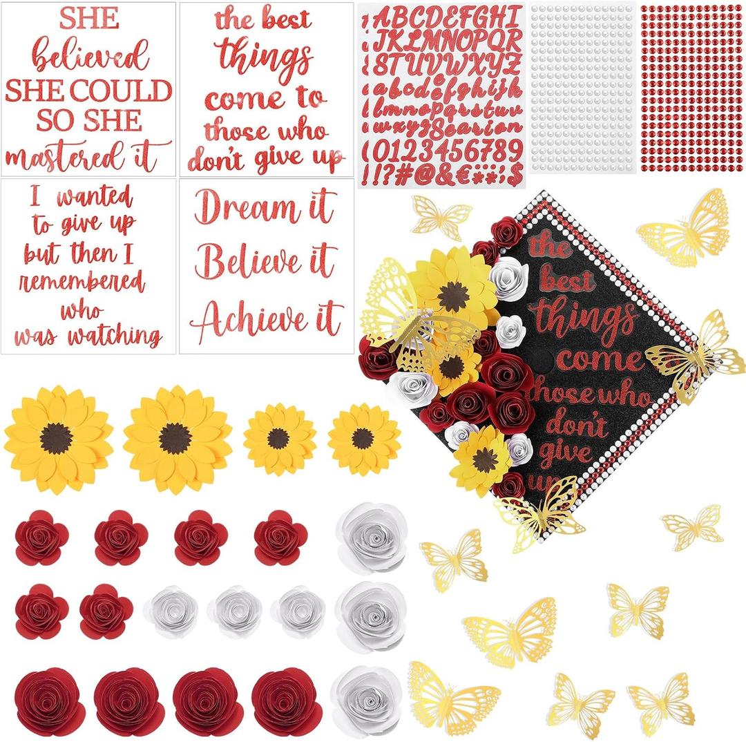 Gersoniel 40 Pcs Hand Made DIY Graduation Cap Decorations Accessory Kit with Paper Flower Heads Graduation Quote Glitter Stickers 3D Butterfly Rhinestones for DIY Hat Grad Cap Topper Decor(Red), Large