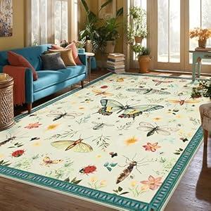Joydeco Insect Large Washable Area Rugs for Living Room, Boho Floral Bedroom Rug 8x10 Under Bed Non Slip, Soft Low-Pile Indoor Floor Throw Carpet for Dining Nursery Playroom, Beige