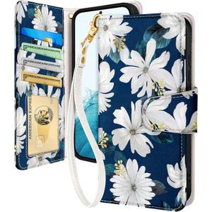 Toycamp for Samsung Galaxy S21 Wallet Case with Wrist Strap - Leather Flip Folio Cover with RFID Blocking 4 Card Slots Galaxy Samsung S21 Cute Aesthetic for Women Lady, Blueleaf Flower